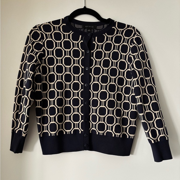 Ann Taylor Sweaters - Ann Taylor navy blue and Cream Geometric Cardigan in size medium